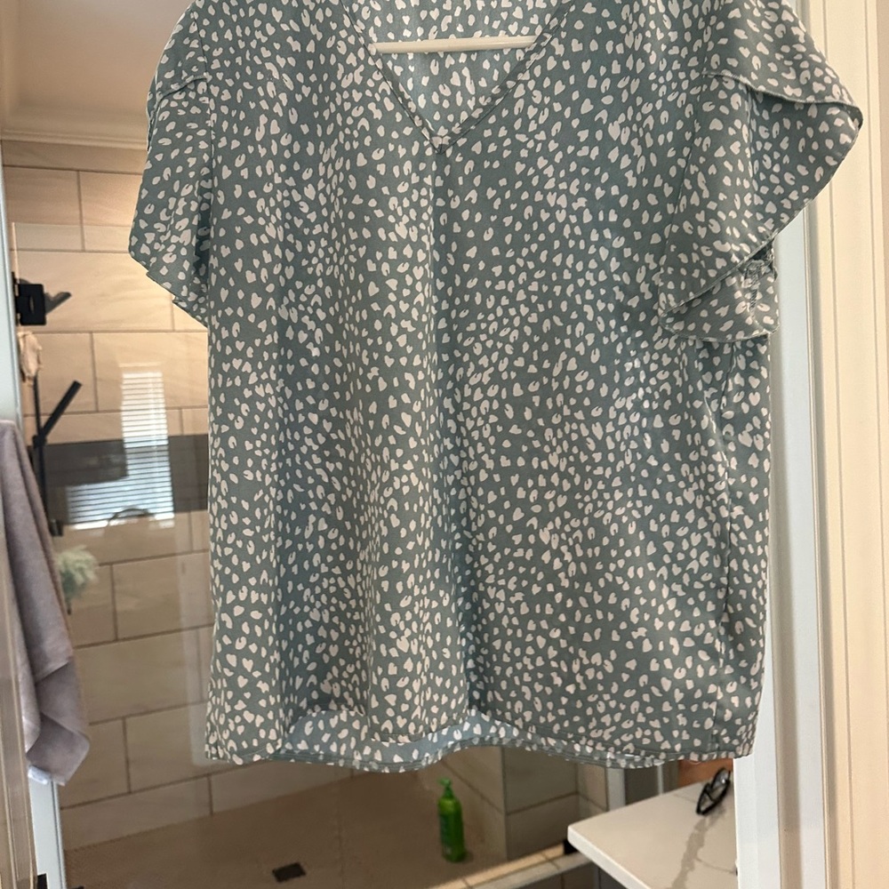SHEIN V-Neck Blouse - Blue and White Print